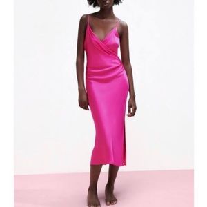 -NWT- Zara draped lingerie style satin midi dress - pink